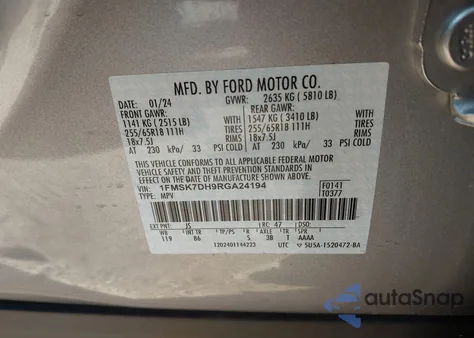 2024 Ford Explorer Xlt из США, поврежденный, VIN 1FMSK7DH9RGA24194